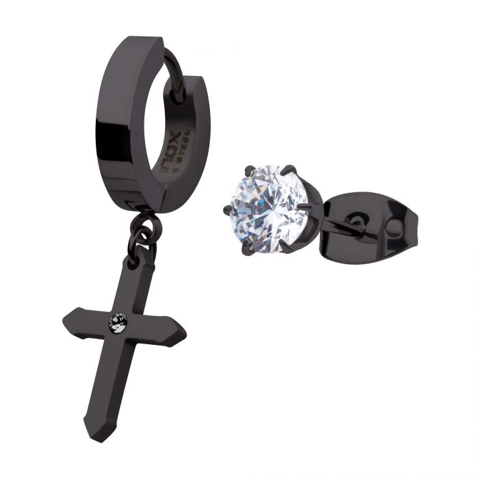 アクセサリー Iam INOX Jewelry Black IP Dangling Cross with CZ Huggie & Prong Set CZ