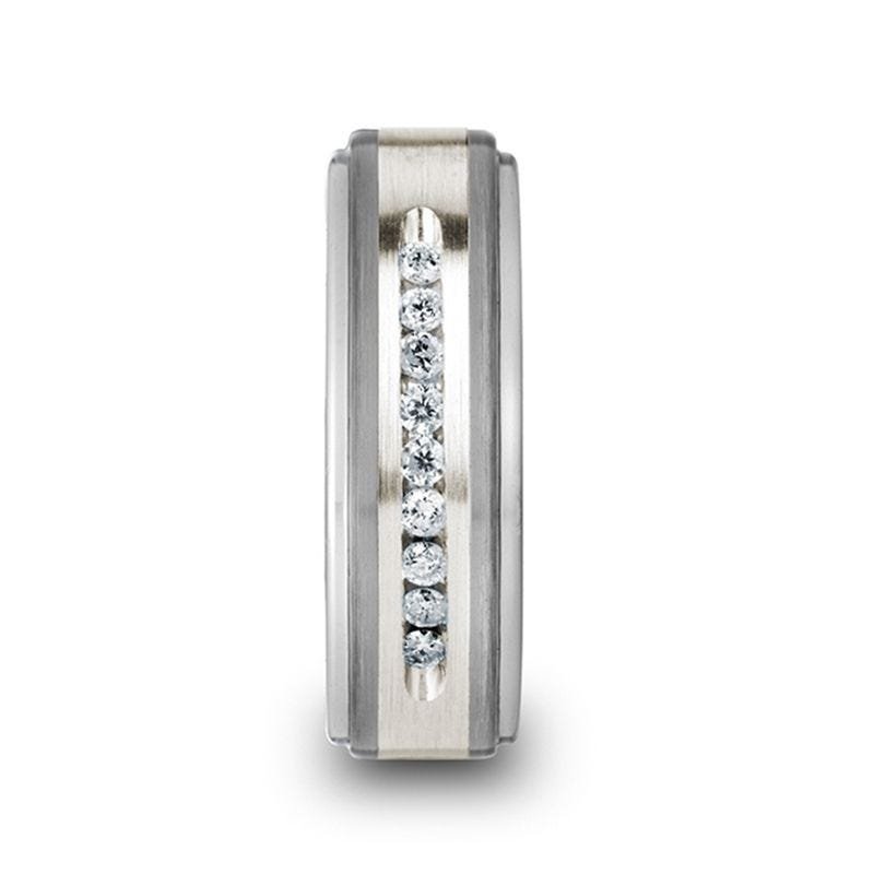 Thorsten HARPER Tungsten Wedding Band with Raised Center & Brushed Silver Inlay and 9 Channel Set White Diamonds - 8mm Thorsten HARPER Tungsten Wedding Band with Raised Center & Brushed Silver Inlay and 9 Channel Set White Diamonds - 8mm