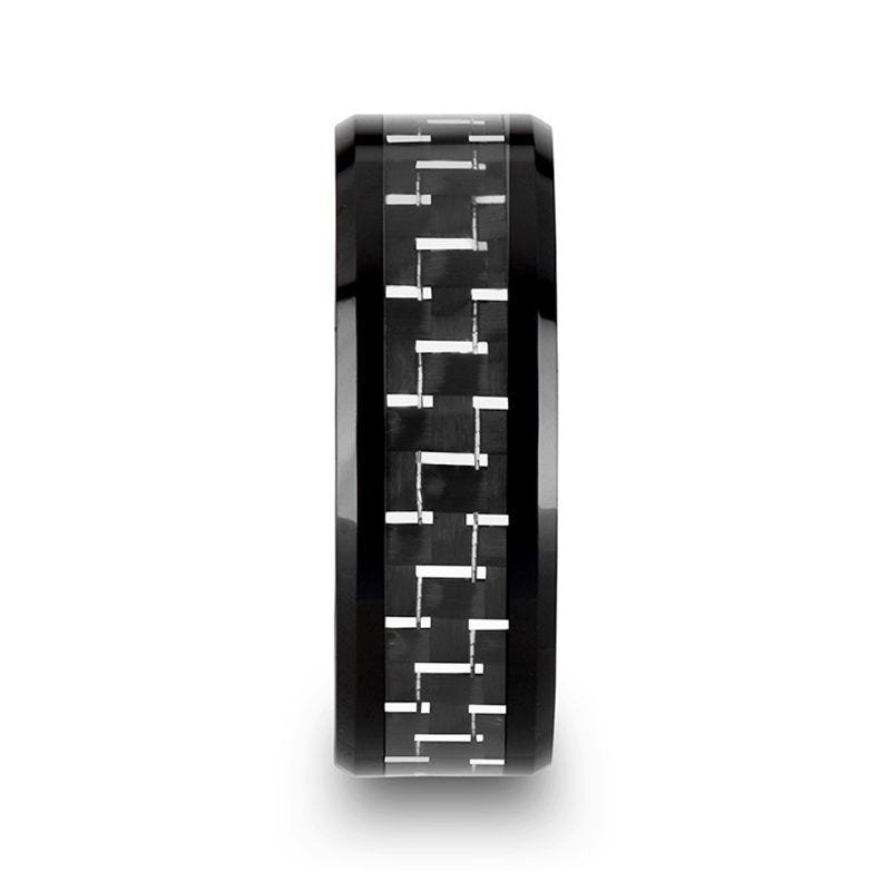 Thorsten TITAN Black Beveled Ceramic Ring with Silver & Black Carbon Fiber Inlay - 8mm