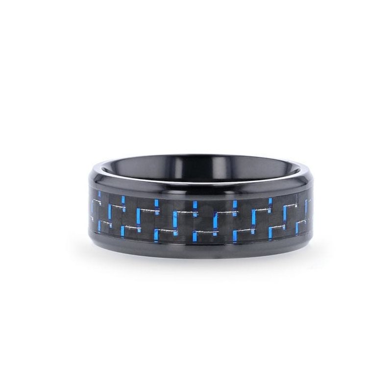 Thorsten ZAYDEN Black Titanium Ring with Blue & Black Carbon Fiber Inlay and Bevels - 8mm