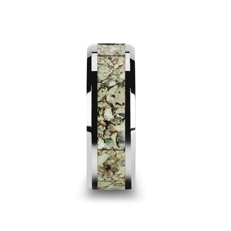 Thorsten TARGARYEN Tungsten Wedding Band Green Dinosaur Bone Inlay & Beveled Edges - 8mm Thorsten TARGARYEN Tungsten Wedding Band Green Dinosaur Bone Inlay & Beveled Edges - 8mm