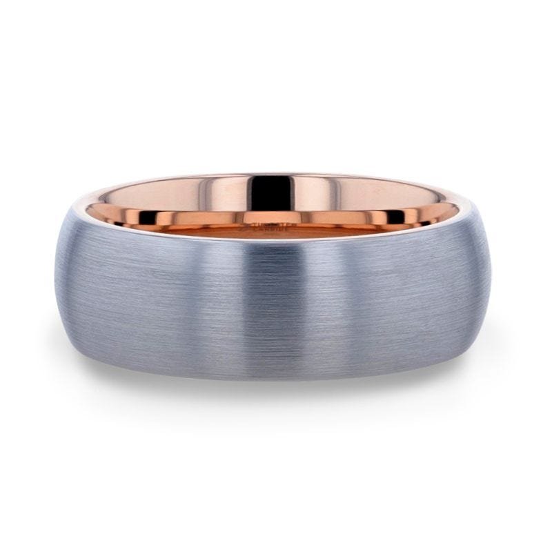 Thorsten CAMERON Domed Brushed Finish Tungsten Carbide Men's Wedding Band With Rose Gold Ion Plating Interior - 8mm Thorsten CAMERON Domed Brushed Finish Tungsten Carbide Men's Wedding Band With Rose Gold Ion Plating Interior - 8mm