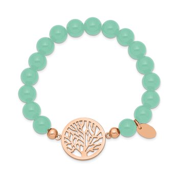 Stainless Steel Gold Plated Tree of Life 4mm Green Jade Beaded Stretch Bracelet Stainless Steel Gold Plated Tree of Life 4mm Green Jade Beaded Stretch Bracelet