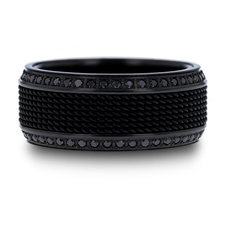 Steel Chain Black Titanium Wedding Ring Polished Beveled Edges Set with Round Black Diamonds - 10mm - Knight Steel Chain Black Titanium Wedding Ring Polished Beveled Edges Set with Round Black Diamonds - 10mm - Knight