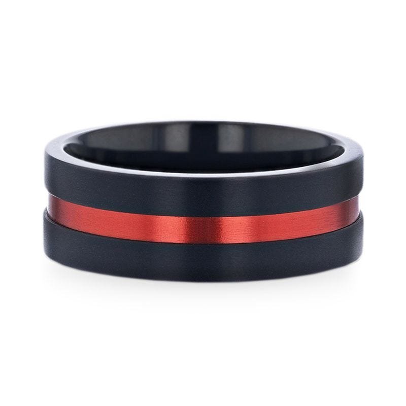 Thorsten BLAZE Flat Brushed Black Titanium Men's Wedding Band With Red Aluminum Groove Brushed Center - 8mm Thorsten BLAZE Flat Brushed Black Titanium Men's Wedding Band With Red Aluminum Groove Brushed Center - 8mm