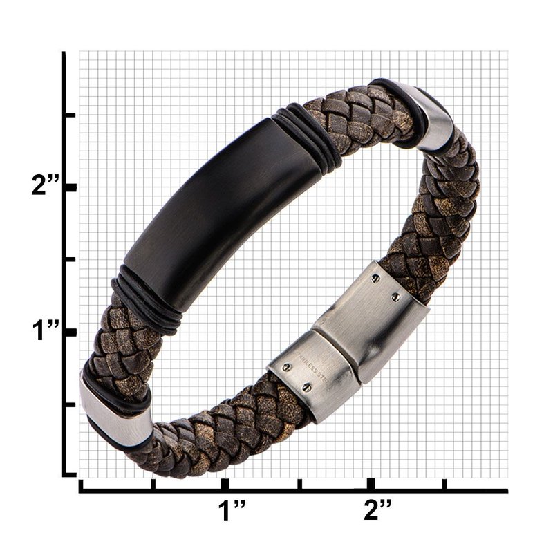 INOX Jewelry Brown Braided Full Grain Cowhide Leather Steel Clasp