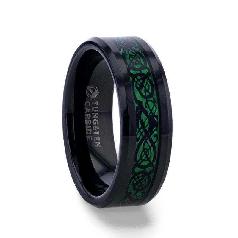 Thorsten ALLURE Black Dragon Design With Green Background Inlaid Black Tungsten Men's Ring With Clear Coating And Beveled Edge - 8mm Thorsten ALLURE Black Dragon Design With Green Background Inlaid Black Tungsten Men's Ring With Clear Coating And Beveled Edge - 8mm