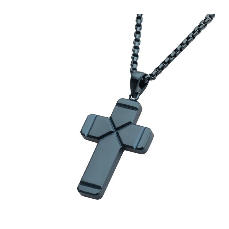 INOX Jewelry Blue IP Ridged Compact Cross Pendant with Cobalt Blue