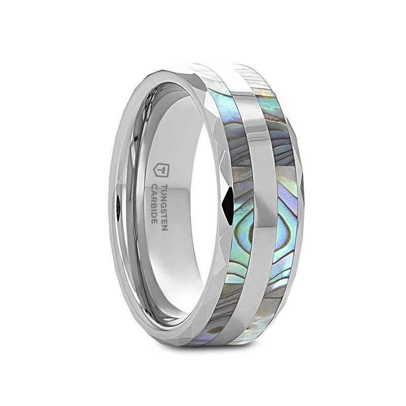 Thorsten PAUA Double Abalone Shell Inlay Faceted Tungsten Ring With Beveled Polished Edges - 8mm Thorsten PAUA Double Abalone Shell Inlay Faceted Tungsten Ring With Beveled Polished Edges - 8mm