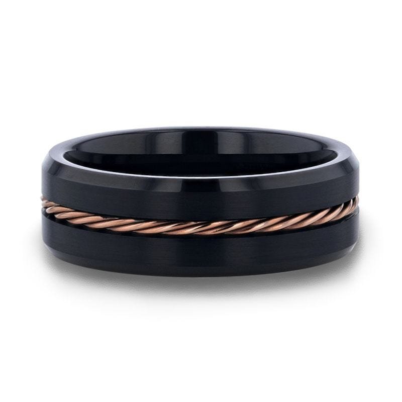 Thorsten ADELARD Rose Gold Braided Brushed Center Black Tungsten Wedding Band With Polished Beveled Edges - 8mm Thorsten ADELARD Rose Gold Braided Brushed Center Black Tungsten Wedding Band With Polished Beveled Edges - 8mm