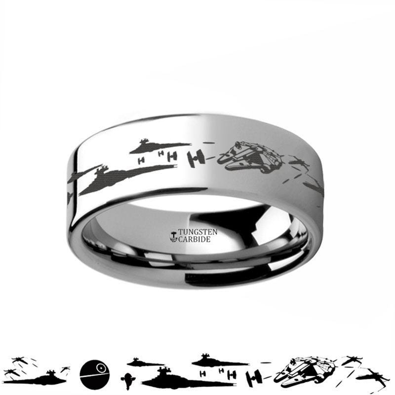 Star Wars A New Hope Death Star Space Battle Black Tungsten Ring Episode IV - 4mm - 12mm Star Wars A New Hope Death Star Space Battle Black Tungsten Ring Episode IV - 4mm - 12mm