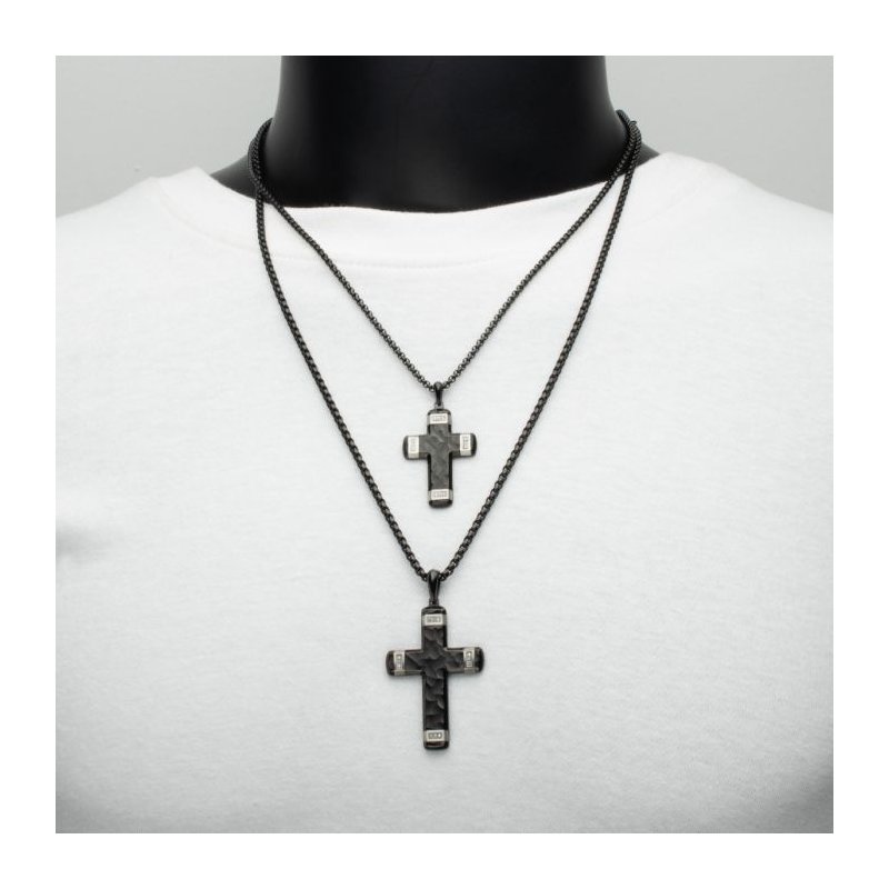 INOX Jewelry Matte Finish Black IP Carved Steel Large Cross