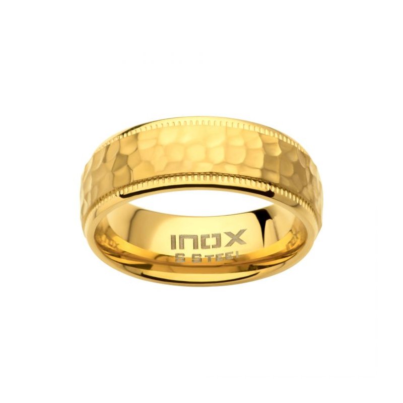 INOX Jewelry 8mm 18Kt Gold IP Blacksmith Hammered Comfort Fit Ring