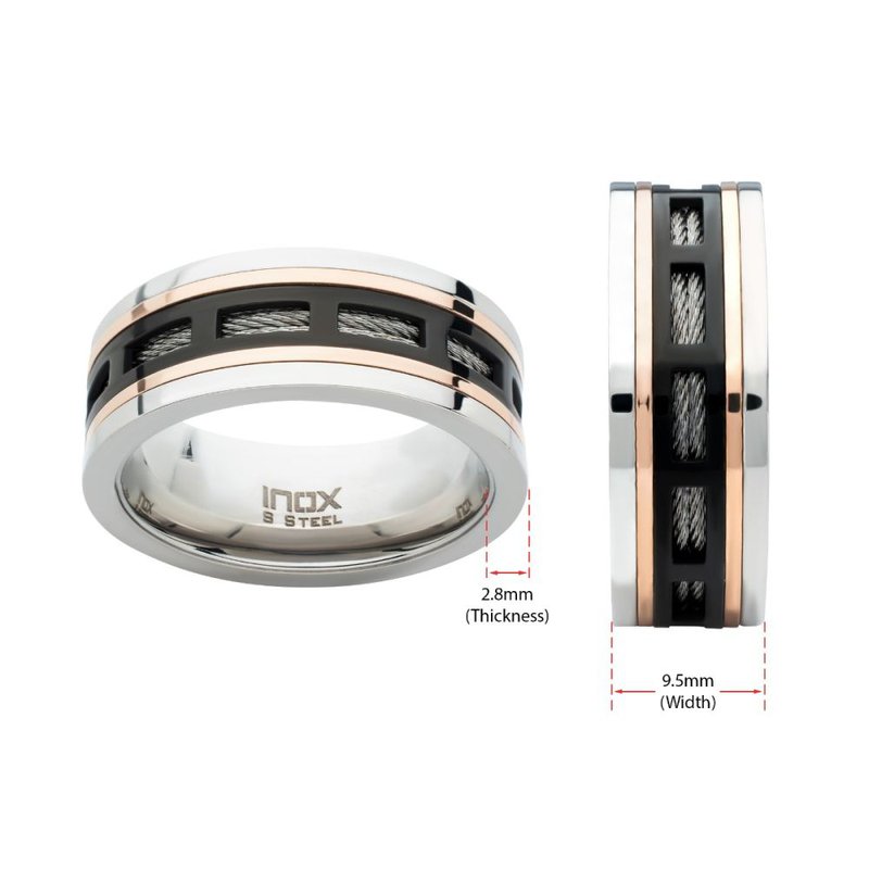 INOX Jewelry Black & Rose Gold IP Steel Window with Cable Inlay
