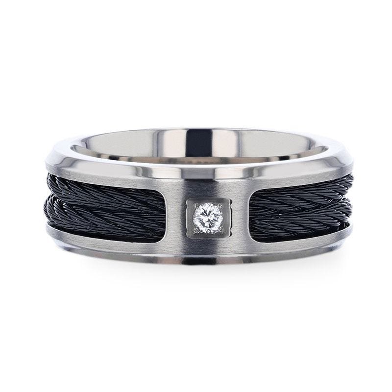 Thorsten SECTOR Black Rope Cables Inlaid Brushed Finish Titanium Men's Wedding Ring with Diamond Centered And Beveled Polished Edges - 8mm Thorsten SECTOR Black Rope Cables Inlaid Brushed Finish Titanium Men's Wedding Ring with Diamond Centered And Beveled Polished Edges - 8mm
