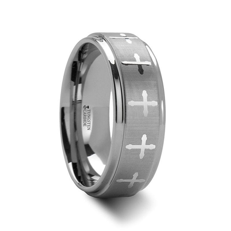 Thorsten TRINITY Raised Center with Engraved Crosses Men's Tungsten Wedding Band – 8mm Thorsten TRINITY Raised Center with Engraved Crosses Men's Tungsten Wedding Band – 8mm