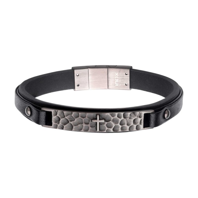 INOX Jewelry Black Leather Strapped with Cross Hammered ID