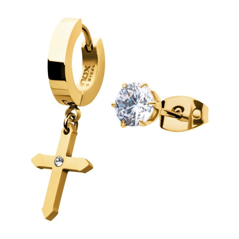 INOX Jewelry Gold IP Dangling Cross with CZ Huggie & Prong Set CZ