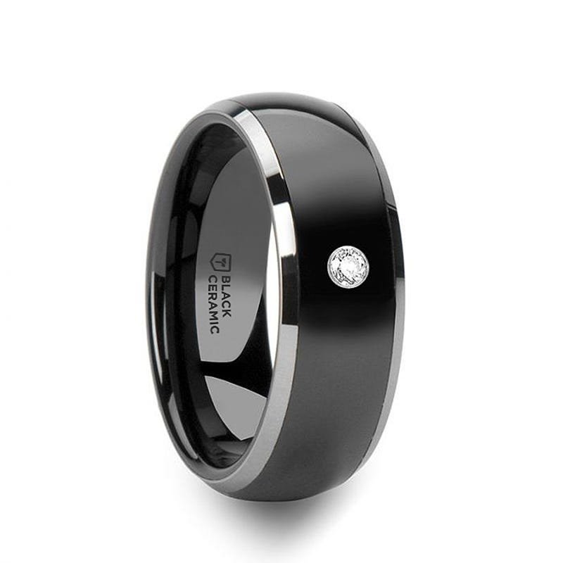 Thorsten GLENDALE Domed Black Ceramic Comfort Fit Wedding Band with Polished Tungsten Edges and White Diamond Setting - 8mm Thorsten GLENDALE Domed Black Ceramic Comfort Fit Wedding Band with Polished Tungsten Edges and White Diamond Setting - 8mm