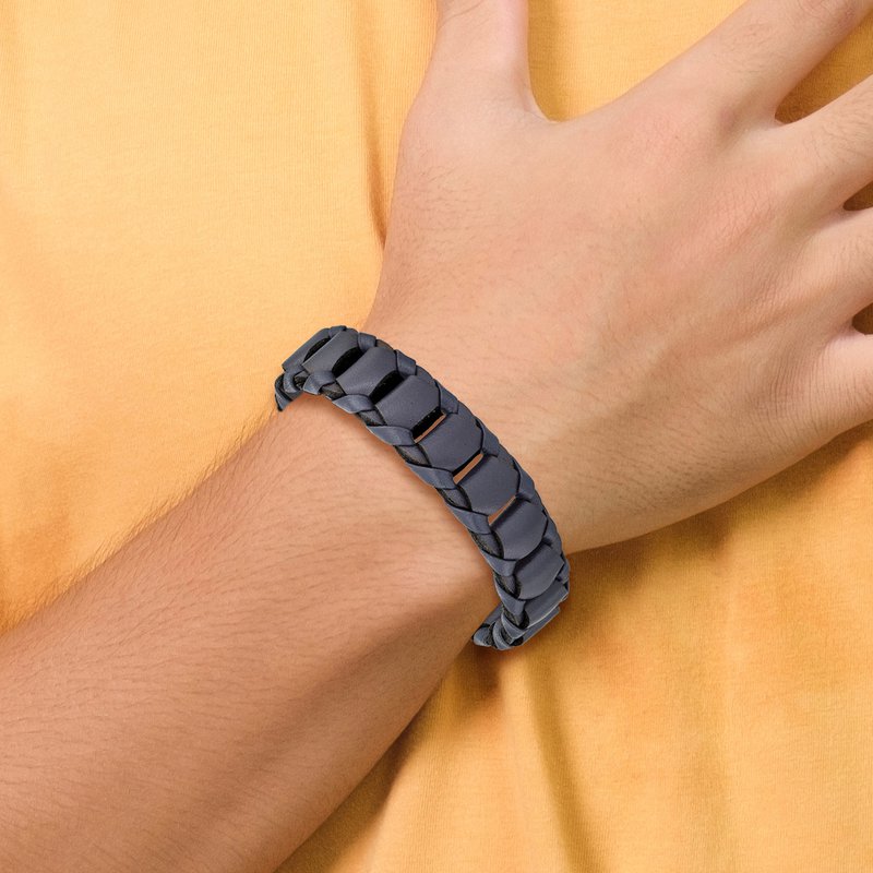 Stainless Steel Brushed Black IP-plated Black Leather 8.5 inch ID Bracelet Stainless Steel Brushed Black IP-plated Black Leather 8.5 inch ID Bracelet
