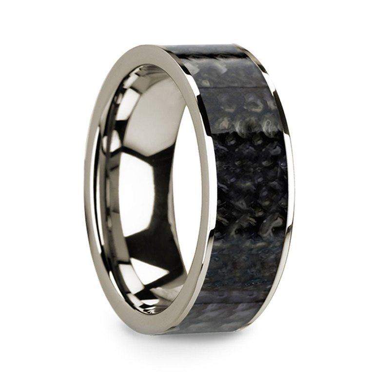 Thorsten Flat 14k White Gold with Blue Dinosaur Bone Inlay & White Diamond Setting - 8mm Thorsten Flat 14k White Gold with Blue Dinosaur Bone Inlay & White Diamond Setting - 8mm