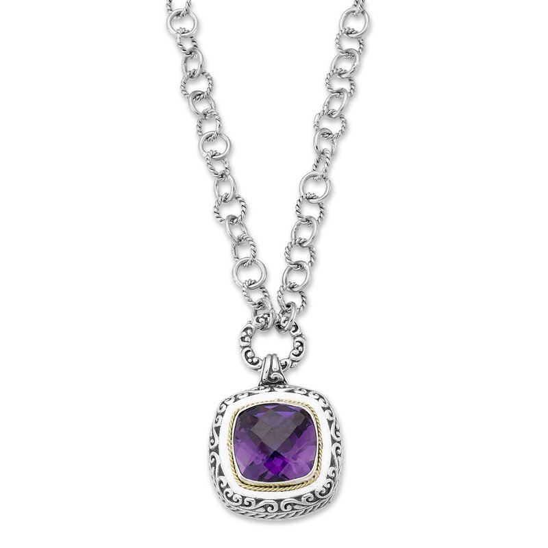 Samuel B STERLING SILVER/18K 14MM CUSHION AMETHYST TOGGLE NECKLACE