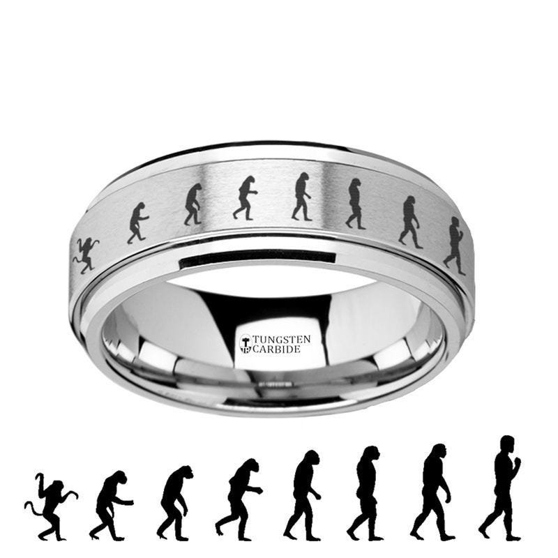 Thorsten Spinning Engraved Human Evolution Tungsten Carbide Spinner Band - 8mm Thorsten Spinning Engraved Human Evolution Tungsten Carbide Spinner Band - 8mm
