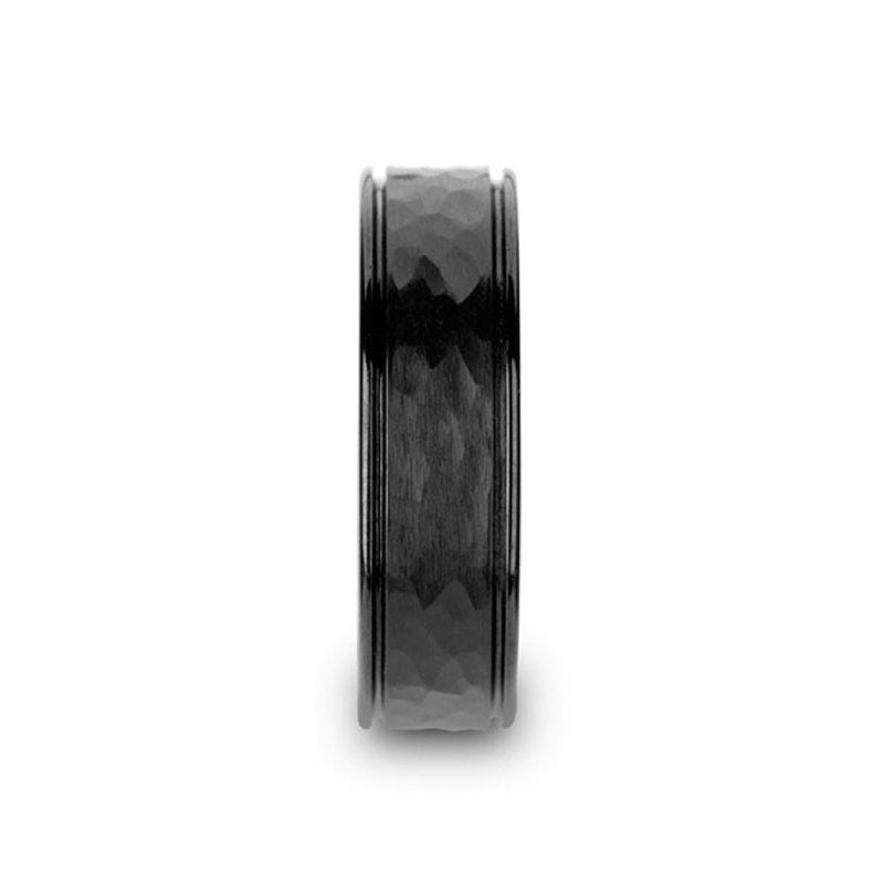 Thorsten JOINER Hammered Finish Center Black Tungsten Carbide Wedding Band with Dual Offset Grooves and Polished Edges - 6mm or 8mm Thorsten JOINER Hammered Finish Center Black Tungsten Carbide Wedding Band with Dual Offset Grooves and Polished Edges - 6mm or 8mm