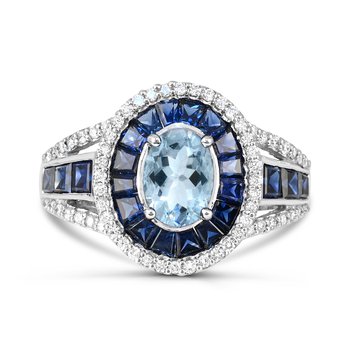 14K White Gold Aquamarine, Blue Sapphire and Diamond 0.280cts Ring R12807AQSB6W4