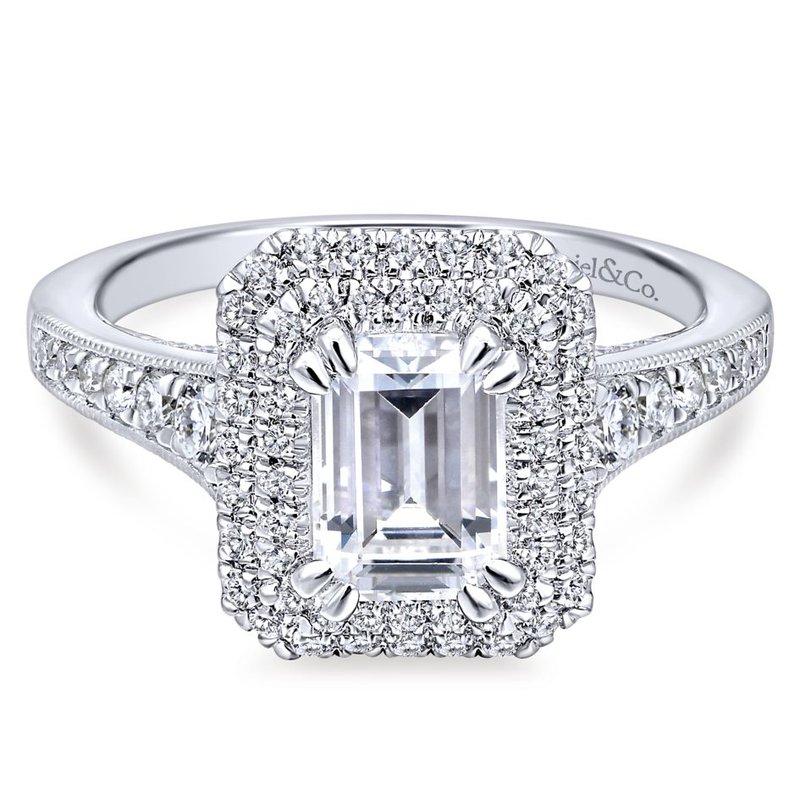 Emerald cut double halo engagement rings discount