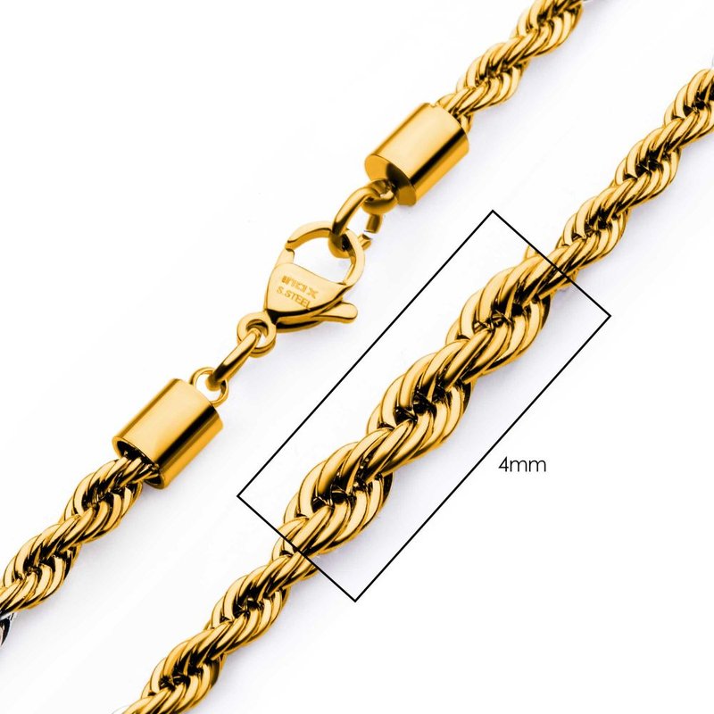 INOX Jewelry 4mm 18Kt Gold IP Rope Chain Necklace NSTC0304G
