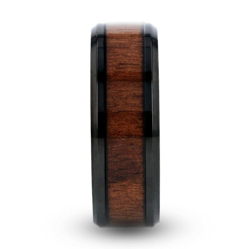 Thorsten KONY Black Titanium Polished Beveled Edges Black Walnut Wood Inlaid Men’s Wedding Ring - 6mm & 8mm Thorsten KONY Black Titanium Polished Beveled Edges Black Walnut Wood Inlaid Men’s Wedding Ring - 6mm & 8mm