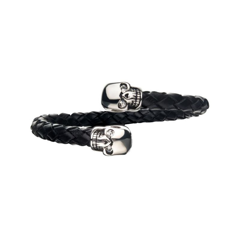 INOX Jewelry Skull Ends Cuff Leather Bracelet BR01581 INOX Jewelry Skull Ends Cuff Leather Bracelet BR01581
