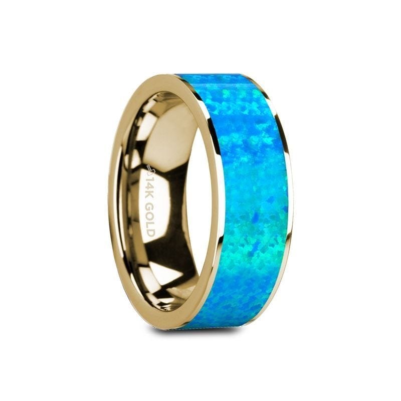 Thorsten GANYMEDE 14K Yellow Gold with Blue Opal Inlay and Polished Edges Flat Band - 8mm Thorsten GANYMEDE 14K Yellow Gold with Blue Opal Inlay and Polished Edges Flat Band - 8mm