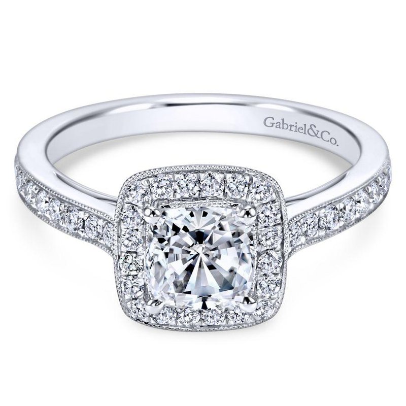 Vintage 14K White Gold Cushion Halo Diamond Engagement Ring