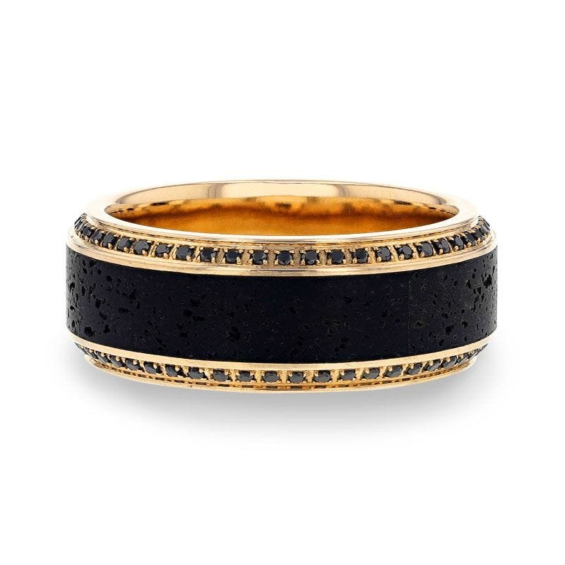 Thorsten HYPERION Lava Inlaid 10K Yellow Gold Wedding Ring Polished Beveled Edges Set with Round Black Diamonds - 10mm