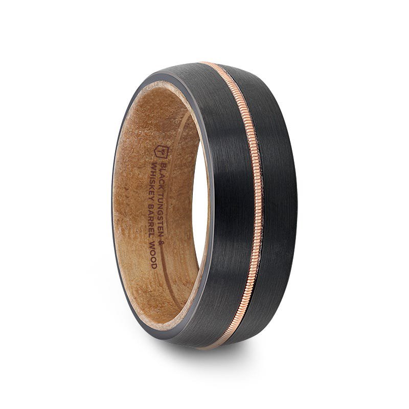 Thorsten CHORDAL Black Tungsten Ring with Brass Guitar String and Whiskey Barrel Inner Sleeve - 8mm Thorsten CHORDAL Black Tungsten Ring with Brass Guitar String and Whiskey Barrel Inner Sleeve - 8mm