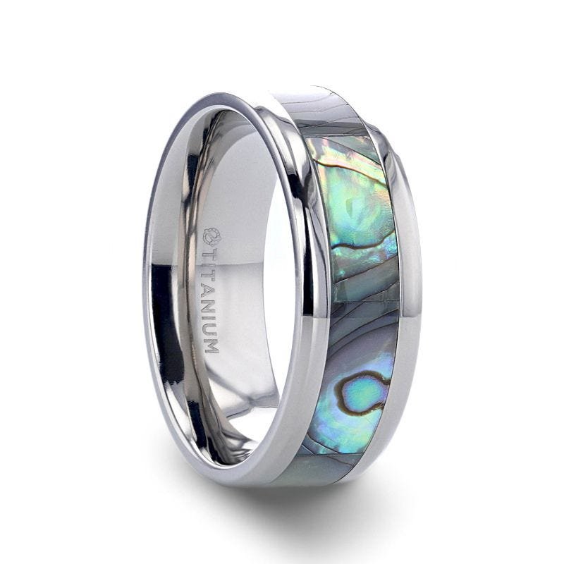 Thorsten KAUI Titanium Polished Finish Mother Of Pearl Inlaid Men’s Beveled Wedding Band - 6mm & 8mm Thorsten KAUI Titanium Polished Finish Mother Of Pearl Inlaid Men’s Beveled Wedding Band - 6mm & 8mm