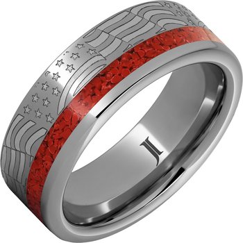 Old Glory - Coral Inlay Rugged Tungsten Ring RMWA007910