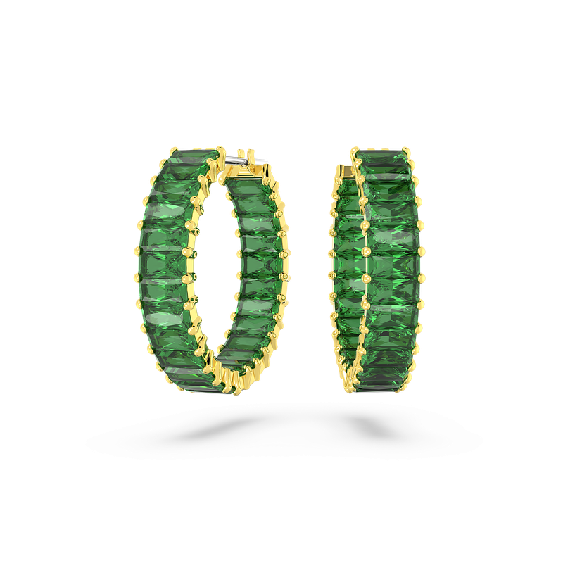 Swarovski Matrix hoop earrings, Baguette cut, Green, Gold-tone