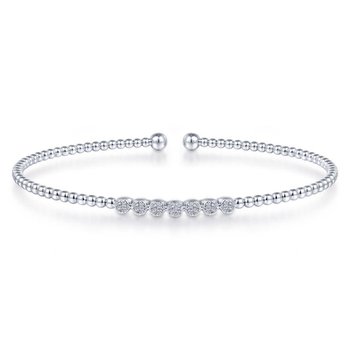 14K White Gold Bujukan Bead Cuff Bracelet with Cluster Diamond Stations BG4116-62W45JJ