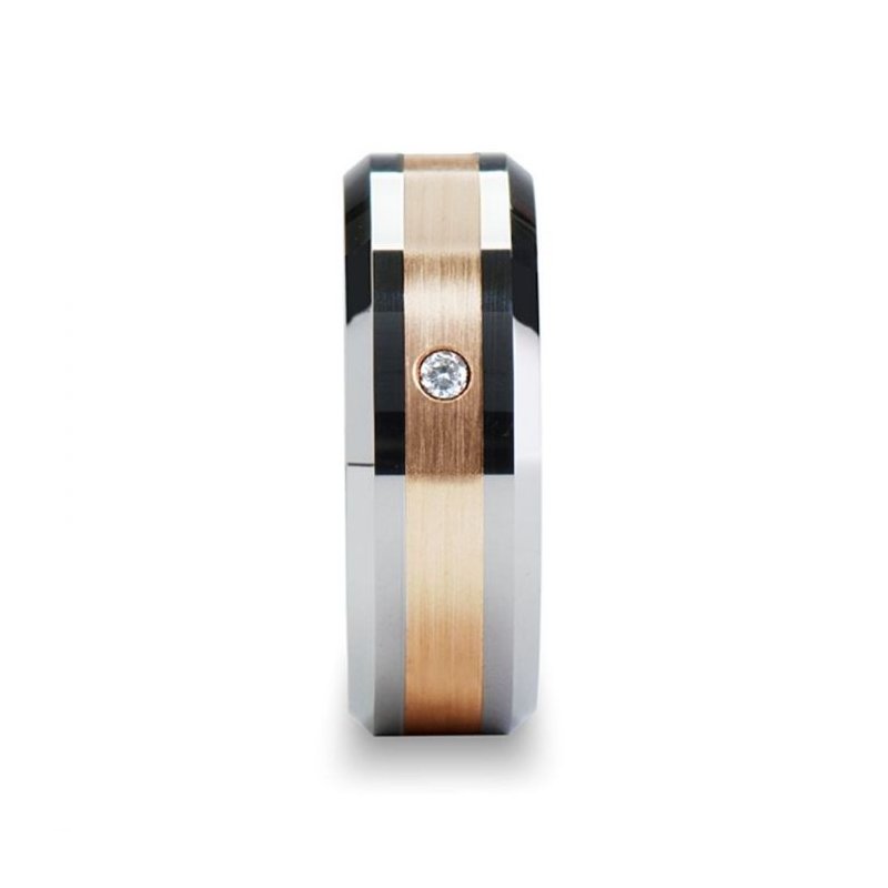 Thorsten ENZO Rose Gold Inlay Beveled Tungsten Ring with Diamond - 8mm