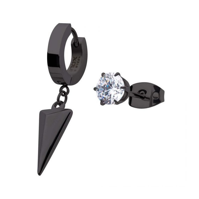 INOX Jewelry Black IP Dangling Spike Huggie & Prong Set CZ Stud