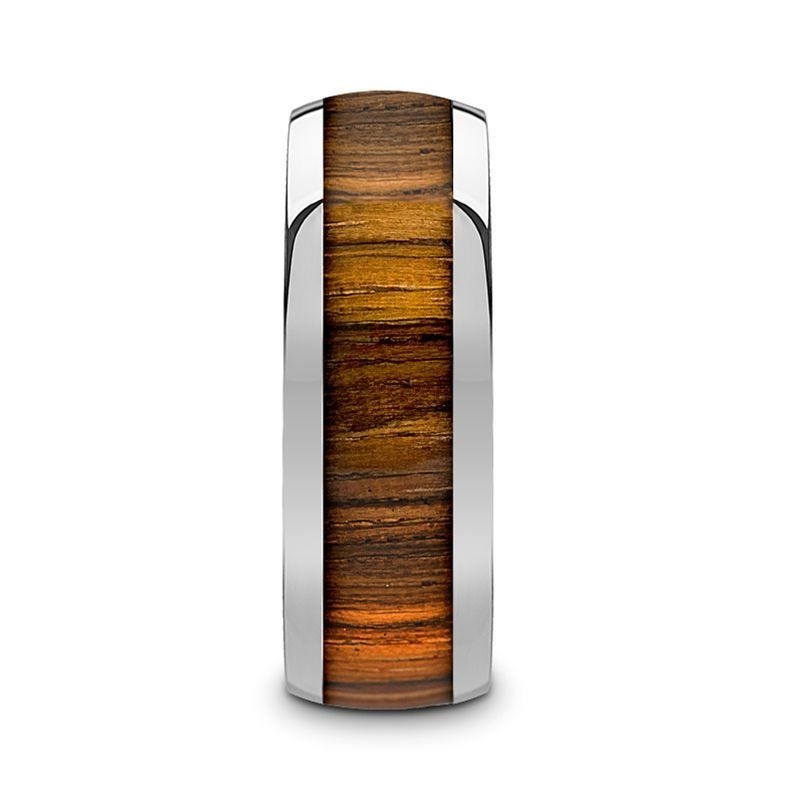 Thorsten TIGRE Tungsten Carbide Polished Finish Men’s Domed Wedding Band with Zebra Wood Inlay - 8mm Thorsten TIGRE Tungsten Carbide Polished Finish Men’s Domed Wedding Band with Zebra Wood Inlay - 8mm