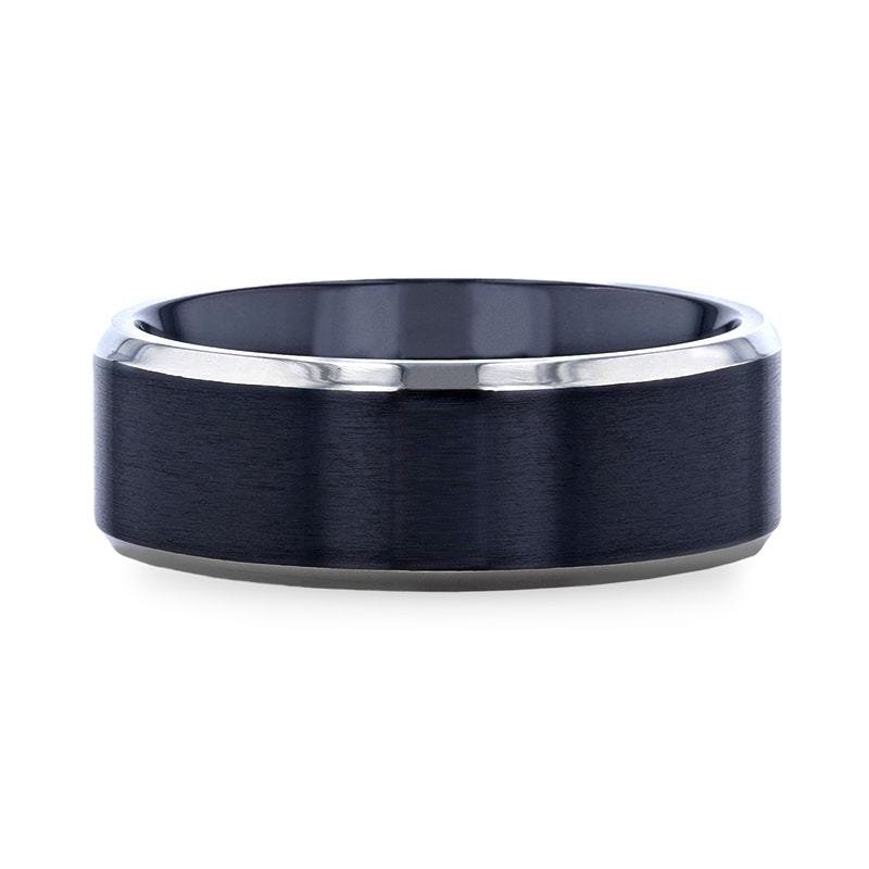 Thorsten ATNOS Brushed Black Center Polished Beveled Edges Men’s Titanium Wedding Ring - 6mm & 8mm Thorsten ATNOS Brushed Black Center Polished Beveled Edges Men’s Titanium Wedding Ring - 6mm & 8mm