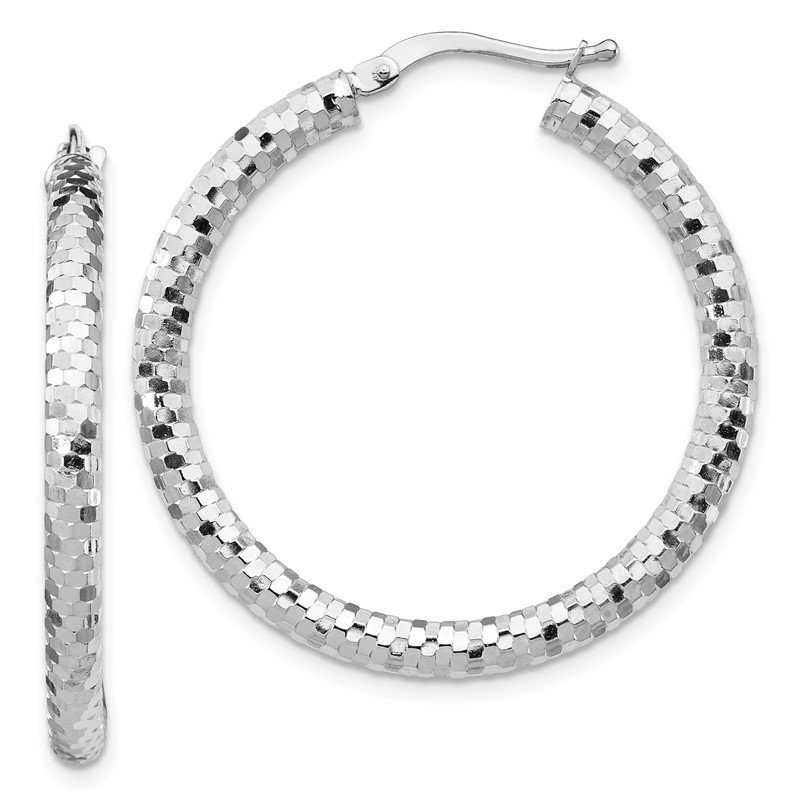 Quality Gold 14k White Gold 3x32mm Diamond-cut Hoop Earrings