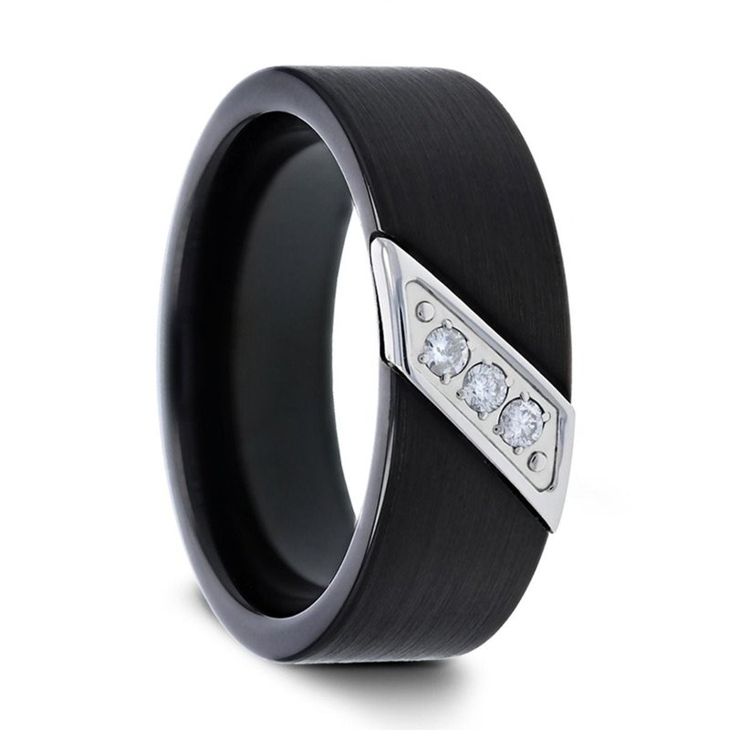 Thorsten LIAM Flat Black Satin Finished Tungsten Carbide Wedding Band with Diagonal Diamonds Set in Stainless Steel - 8mm Thorsten LIAM Flat Black Satin Finished Tungsten Carbide Wedding Band with Diagonal Diamonds Set in Stainless Steel - 8mm