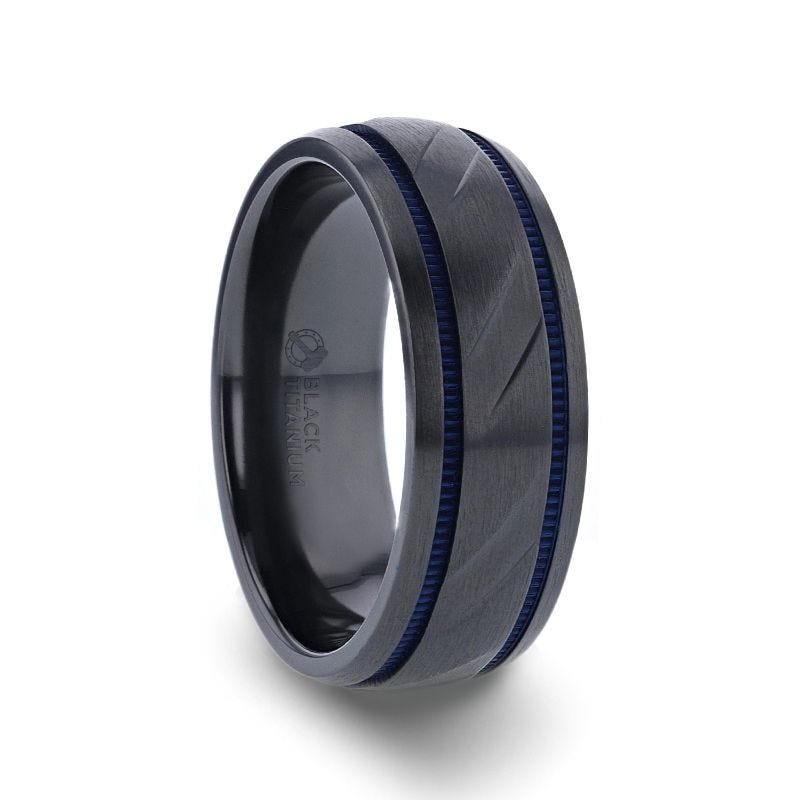 Thorsten PATROL Black Titanium Carved Diagonal Pattern Brushed Finish Men’s Wedding Ring with Blue Milgrain Grooves – 8mm Thorsten PATROL Black Titanium Carved Diagonal Pattern Brushed Finish Men’s Wedding Ring with Blue Milgrain Grooves – 8mm