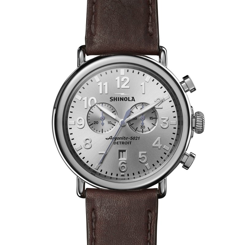 Shinola The Runwell Chrono 47mm Silver Dial Leather Strap Watch S0120077936 Kings Jewelry