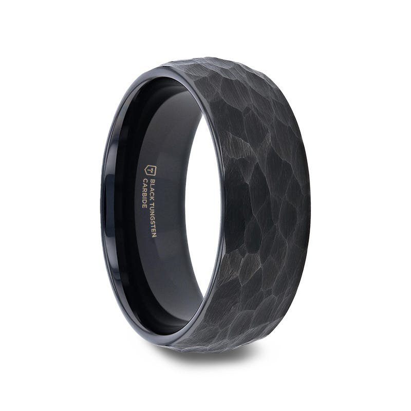 Thorsten RENEGADE Domed Hammer Finish Black Tungsten Carbide Wedding Band with Brushed Finish - 6mm or 8mm Thorsten RENEGADE Domed Hammer Finish Black Tungsten Carbide Wedding Band with Brushed Finish - 6mm or 8mm